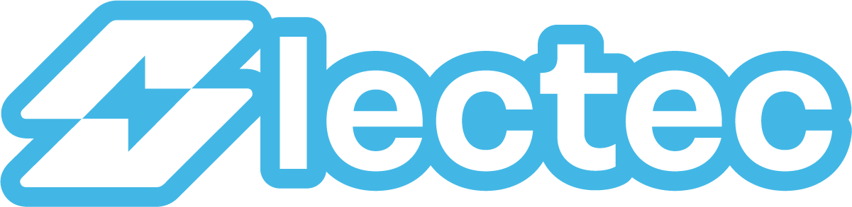 Logo with a lightning bolt icon followed by the word 'lectec' in blue font with a black outline.