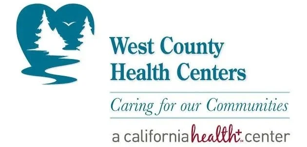 Logo for West County Health Centers featuring trees, a river, and a bird, with the text "West County Health Centers," "Caring for our Communities," and "a california health+ center."