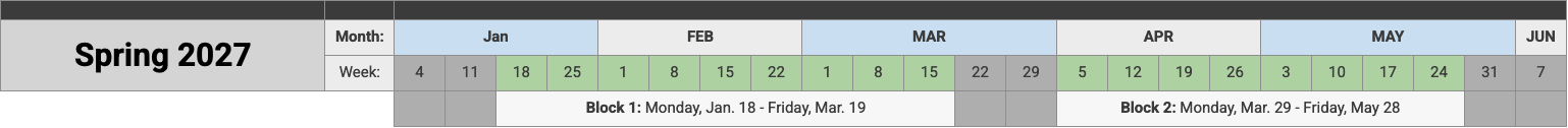 Spring 2027 calendar showing months January to June with marked weeks and blocks indicating periods from January 18 to March 19 and from March 29 to May 28.