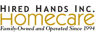 Logo for Hired Hands Inc. with the word 'Homecare' in yellow text.
