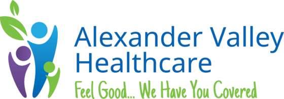 Logo with text 'Alexander Valley Healthcare Feel Good. We Have You Covered.