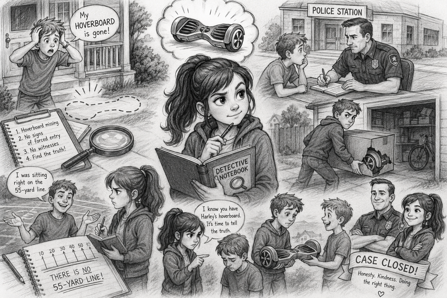 A detective girl solving a hoverboard theft with various scenes showing clues, witnesses, and a police investigation outside a police station, including children, a police officer, and a suspect with a hoverboard.