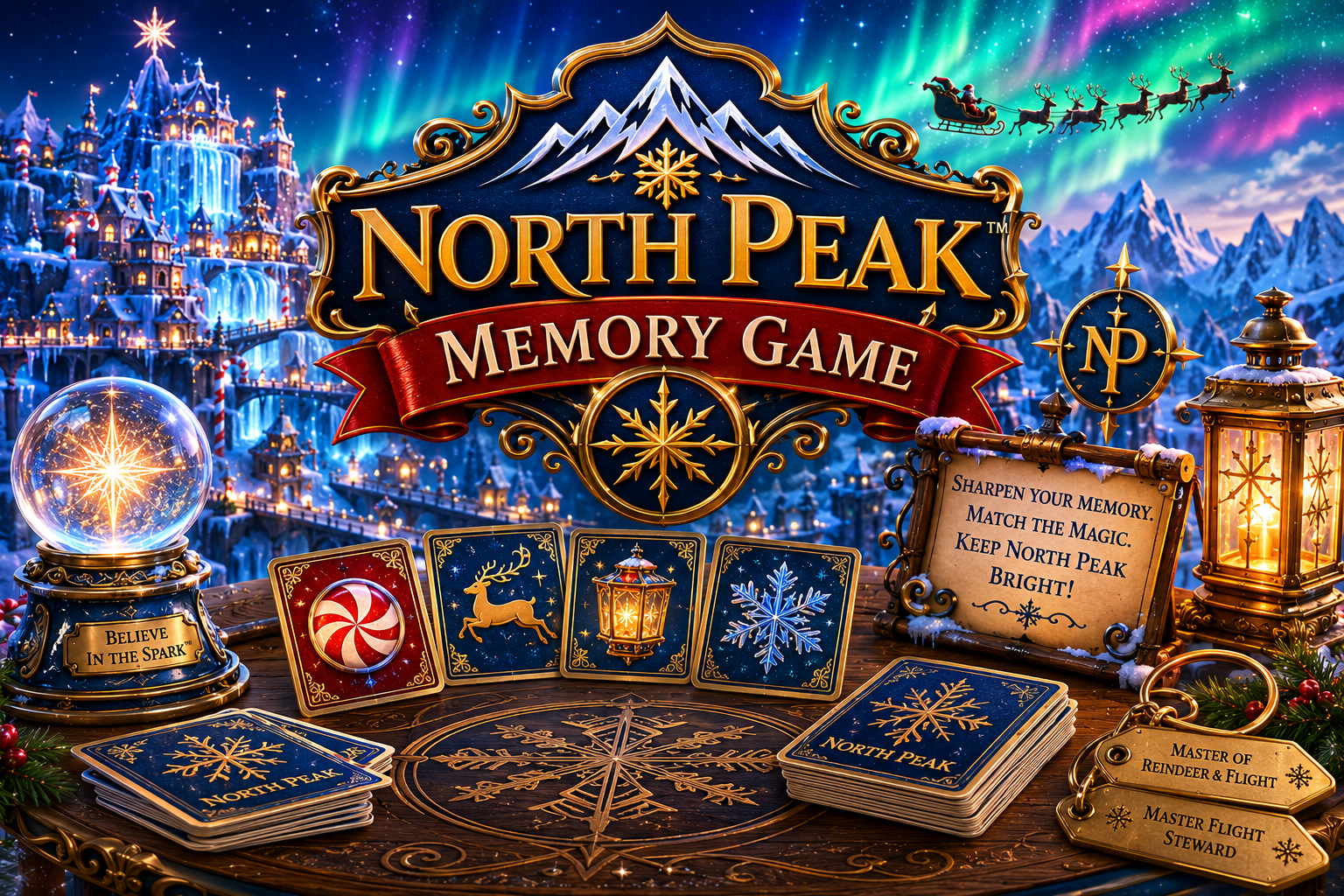 The image features a North Peak Memory Game with a wintery, festive setting. It includes playing cards with snowflakes, reindeer, lanterns, and peppermint candy designs, a snow globe labeled 'Believe in the Spark,' and a lantern illuminating the scene. There is a decorative sign with instructions to sharpen your memory, match the magic, and keep North Peak bright. In the background, a mountain and a colorful aurora borealis fill the sky, with Santa's sleigh flying among the northern lights.