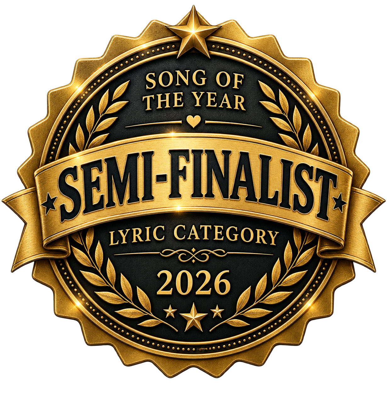 Gold and black award badge with the text "Song of the Year Semi-Finalist Lyric Category 2026" surrounded by laurel branches.