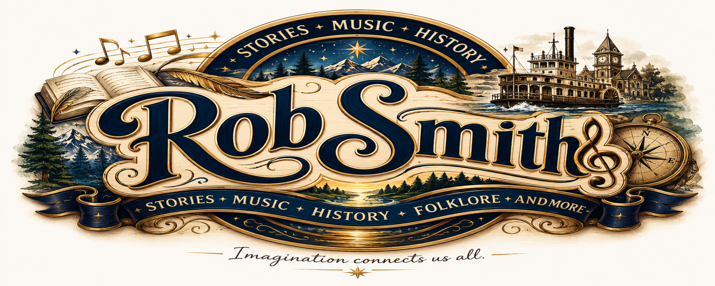Decorative logo for Robin Smith, featuring a mountain landscape, a steamboat, an open book with feathers, musical notes, a compass, and banners with the words stories, music, history, folklore, and more, with the tagline 'Imagination connects us all.'