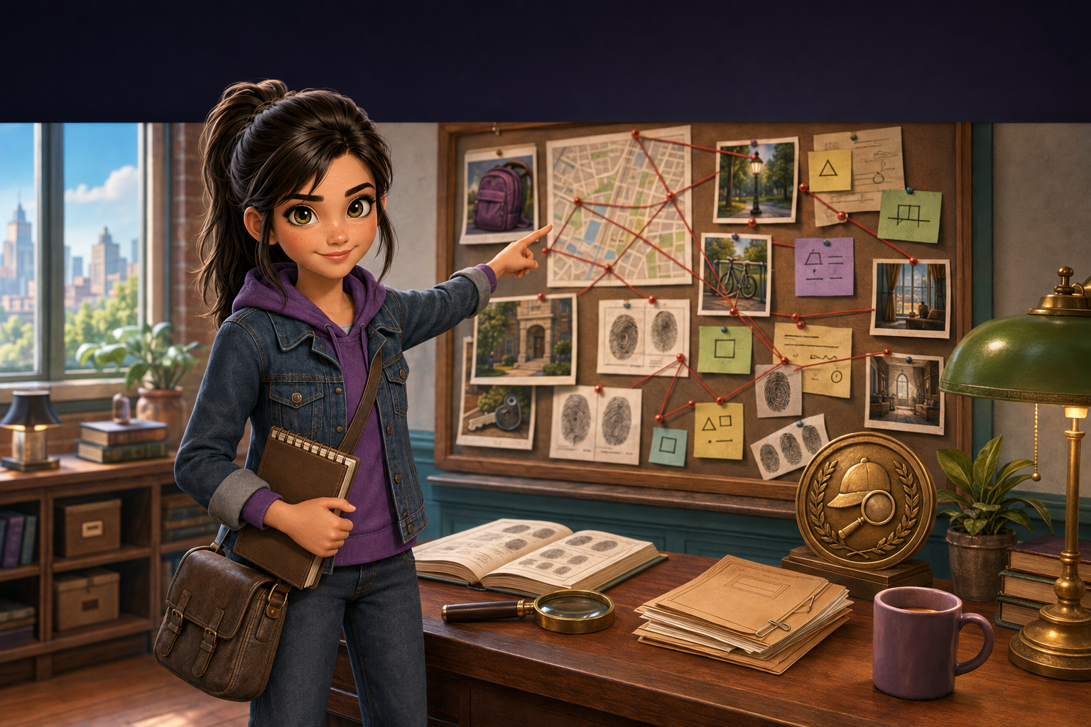 Animated girl in a denim jacket pointing at a bulletin board with photographs, notes, and red string, in a detective or investigation setting.