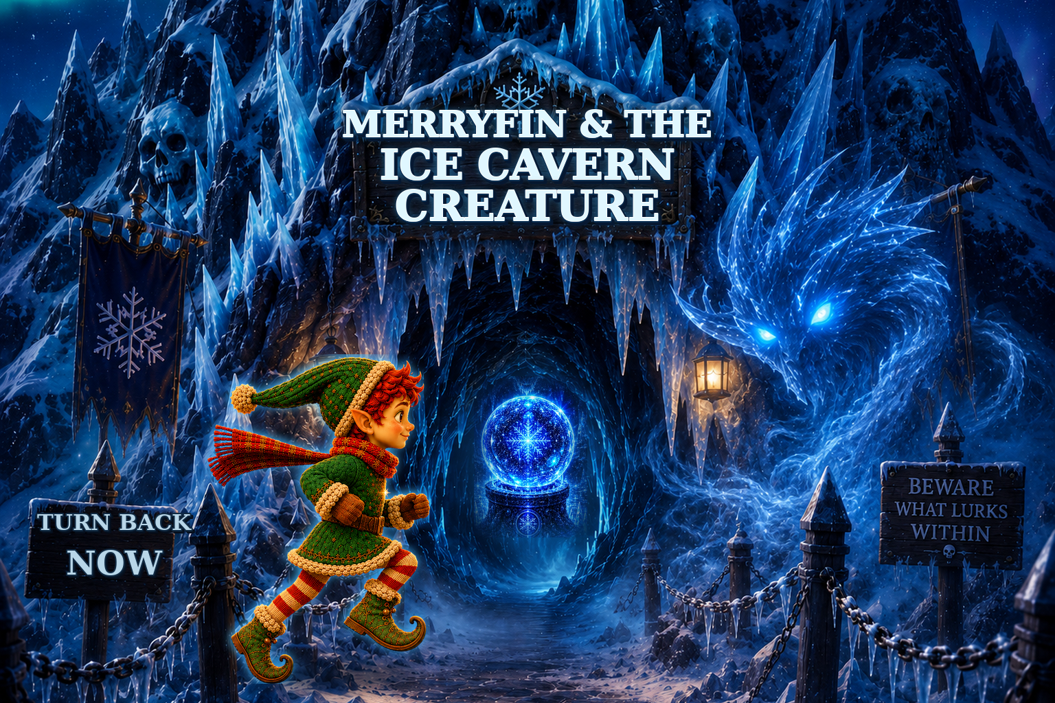 Merryfin running through to the entrance of the ice caverns with the Creature to the right and warning signs around