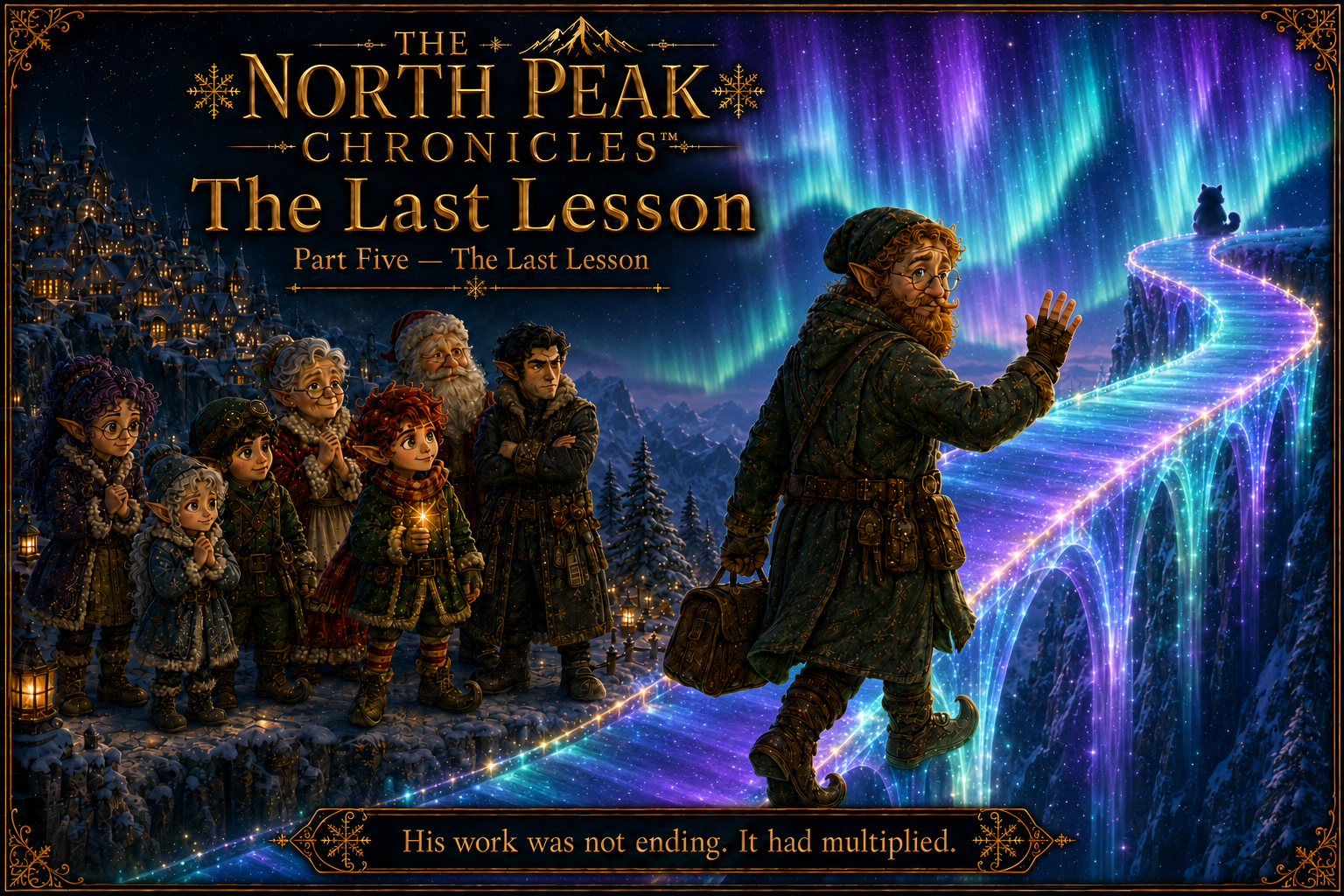Illustration from 'The North Peak Chronicles: The Last Lesson,part 5-an older red haired elf waves bye to a younger group as he crosses an Illuminated Bridge beneath brilliant purple, blue,& green northern lights as a raccoon waits for him.