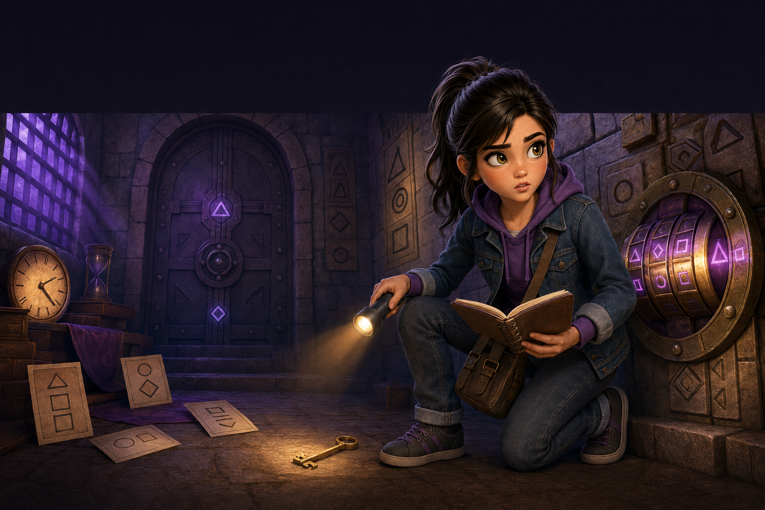 Izzy Flynn kneeling on the floor in a room with clues. This is the cover art for the Lizzy Flynn Escape room.