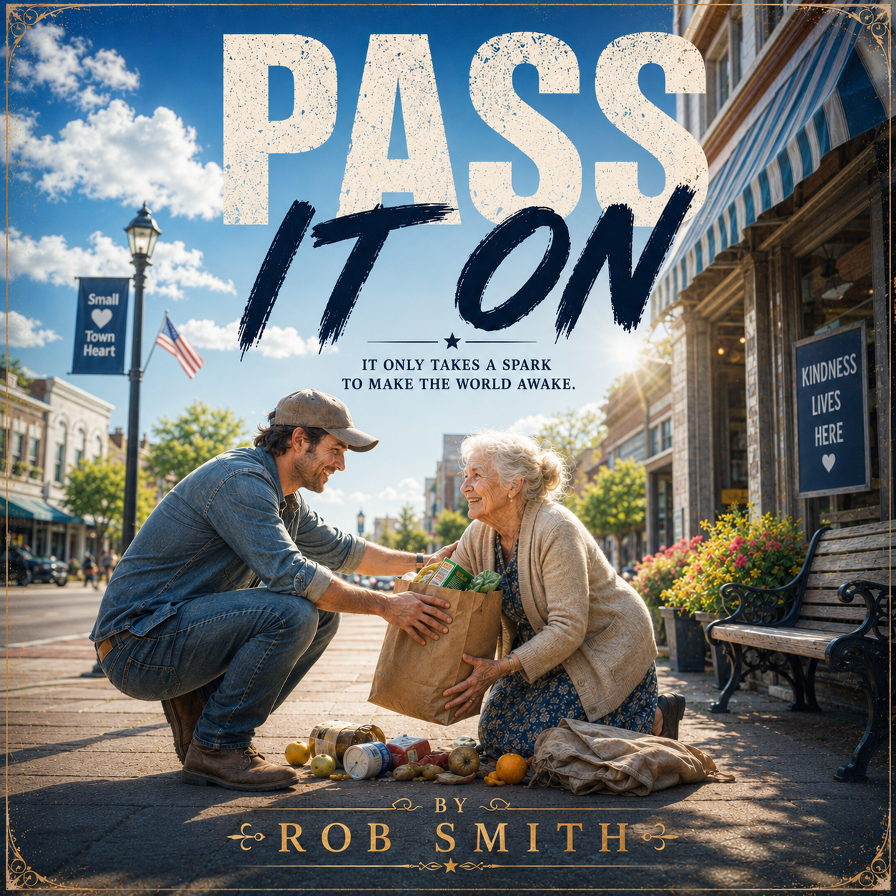 Book cover for 'Passion' by Rob Smith featuring a man giving a paper bag of groceries to an elderly woman on a sunny sidewalk, with stores and signs reading 'Kindness lives here' and 'Small town heart' in the background.