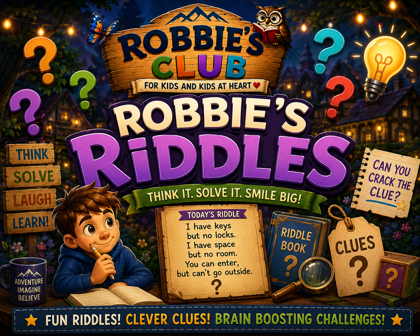 Colorful children's puzzle game titled 'Robbie's Riddles' with a young boy writing in a book, surrounded by question marks, a lightbulb, and puzzle clues. The background depicts a cozy, lit-up village at dusk.