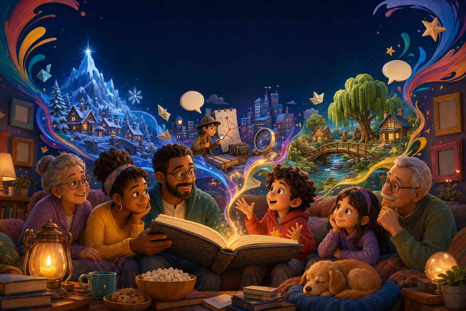 A multigenerational family of six gathered on a cozy couch in a warmly lit living room, reading a large storybook. A golden retriever puppy naps on a round dog bed nearby. The background features a vibrant, imaginative mural with scenes of a snowy village, mountains, a city with tall buildings, a river with a bridge, and swirling colorful graphics, evoking a magical storybook world.
