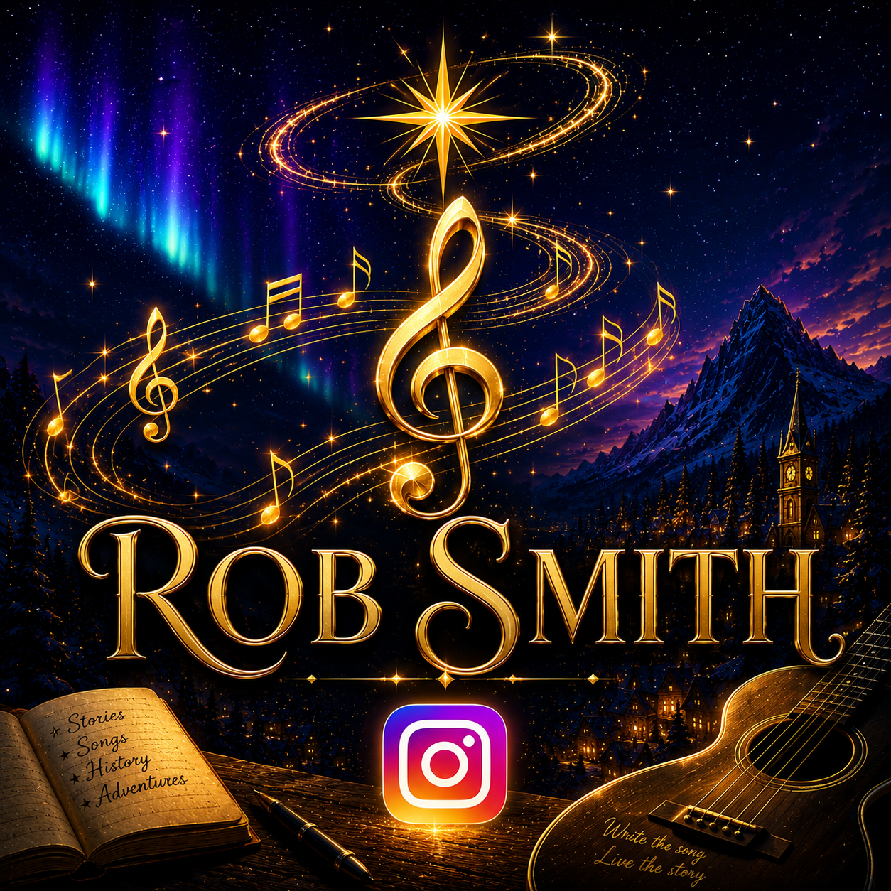 Official Rob Smith Writes Instagram graphic linking to original songs, books, photography, storytelling, and creative projects.