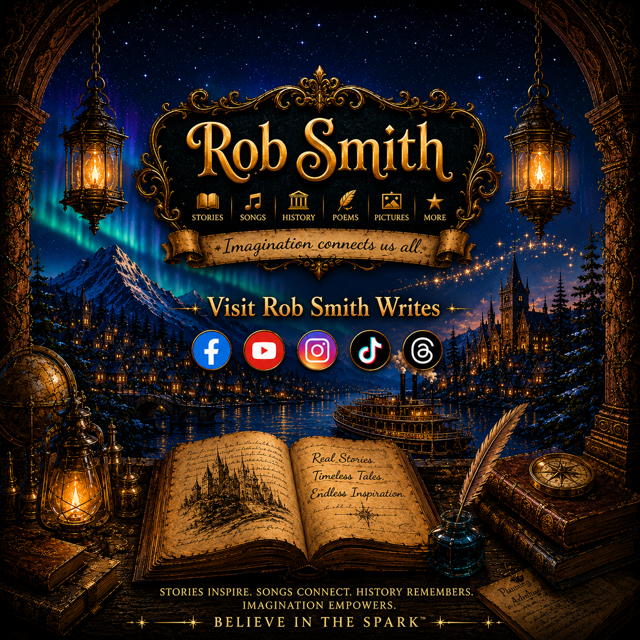 Official Rob Smith Writes Follow Me graphic connecting readers to Rob Smith’s books, music, photography, local history, and social media.