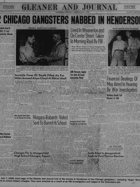 Original news paper article about Bugs Moran arrest in Henderson Ky. in Rob Smith's article about Henderson Ky. Little Chicago era.