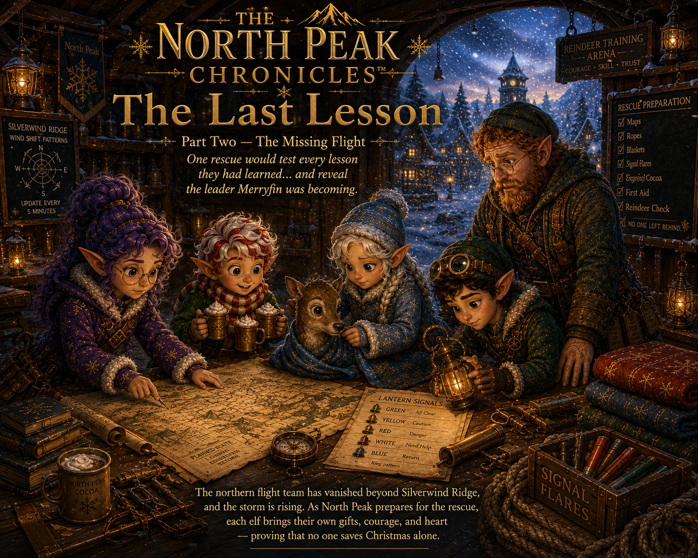 Tobias Wintermiere looks on as Snowblossom, Twinkletips and the others review the map and coordinates, trying to help Merryfin and the training team land safely.