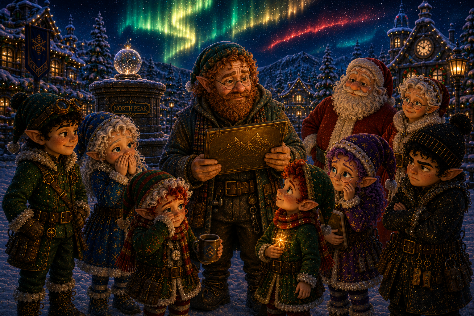 A group of Christmas elves and Santa Claus gathered outdoors at night during winter, with snow-covered trees and buildings in the background. The sky is lit with the Northern Lights. The elves are dressed in colorful, festive clothing, and are focused on an elf in the center holding a map. Santa looks on smiling, creating a festive holiday scene.
