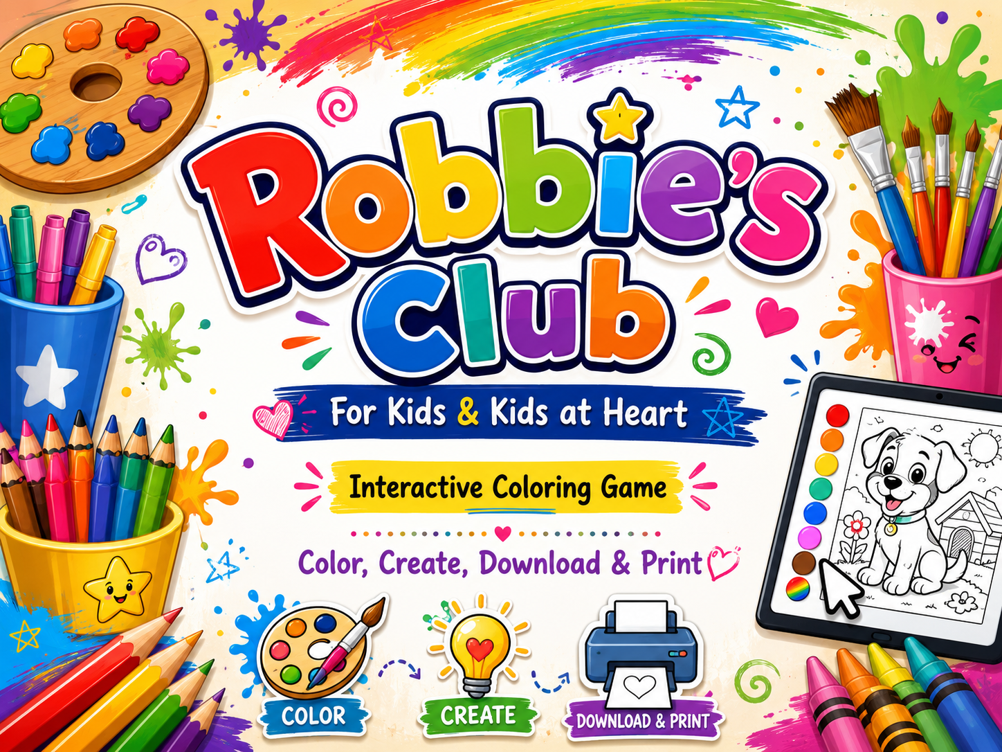 Colorful cover of Robbie's Club interactive coloring game for kids featuring paint palettes, colored pencils, markers, paint splashes, stars, hearts, and a tablet with a black-and-white drawing of a dog. Text promotes coloring, creating, downloading, and printing.