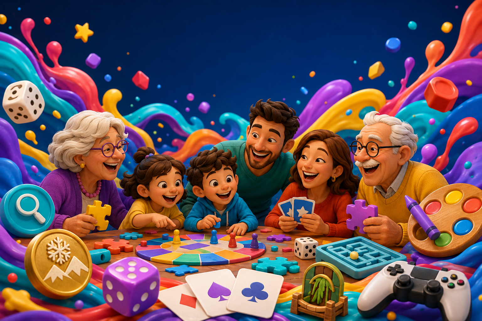 A multigenerational family playing board games together with colorful decorations, game pieces, and toys.