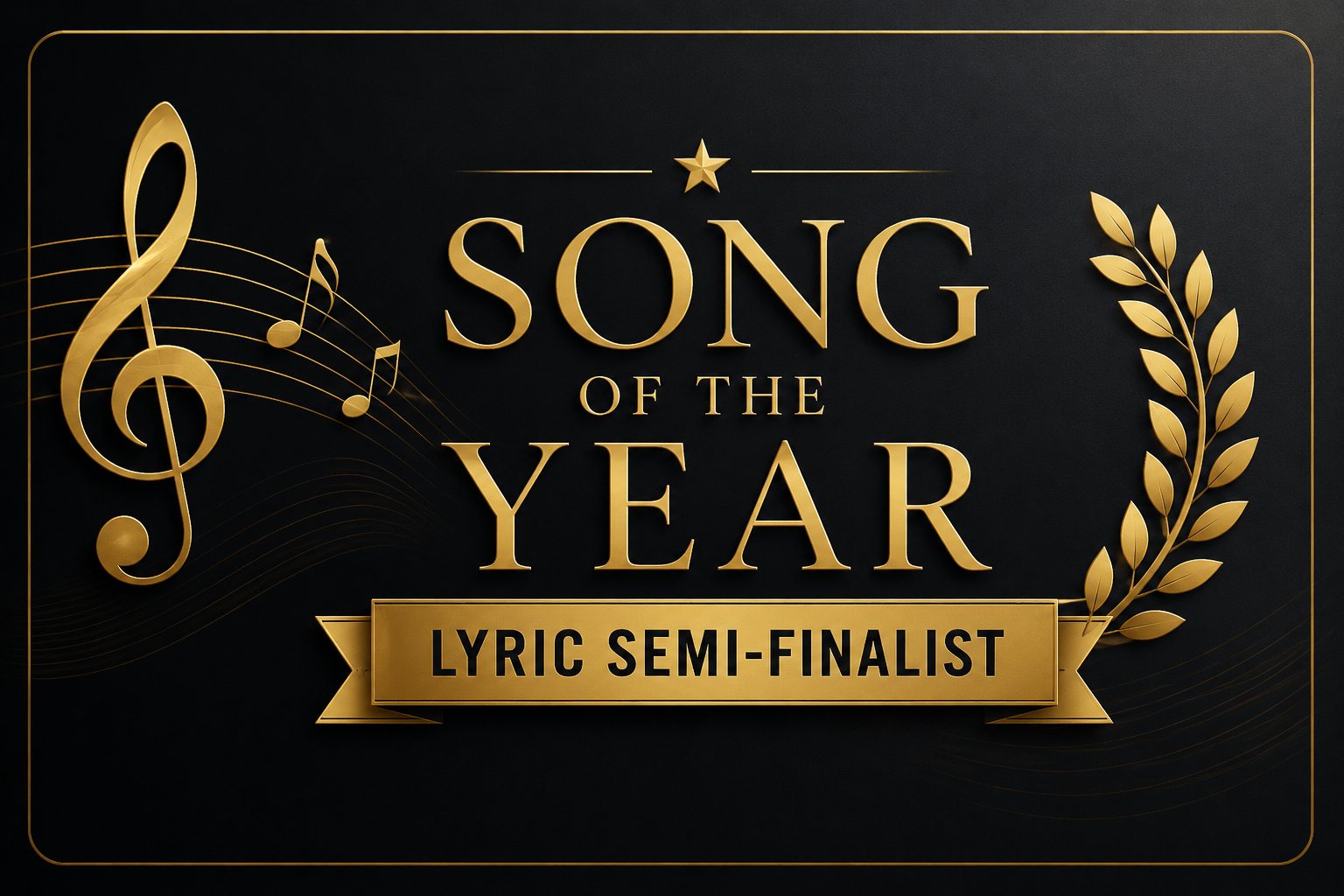 Gold award badge for Song of the Year, semi-finalist, featuring musical notes, a treble clef, and laurel leaves on a black background.