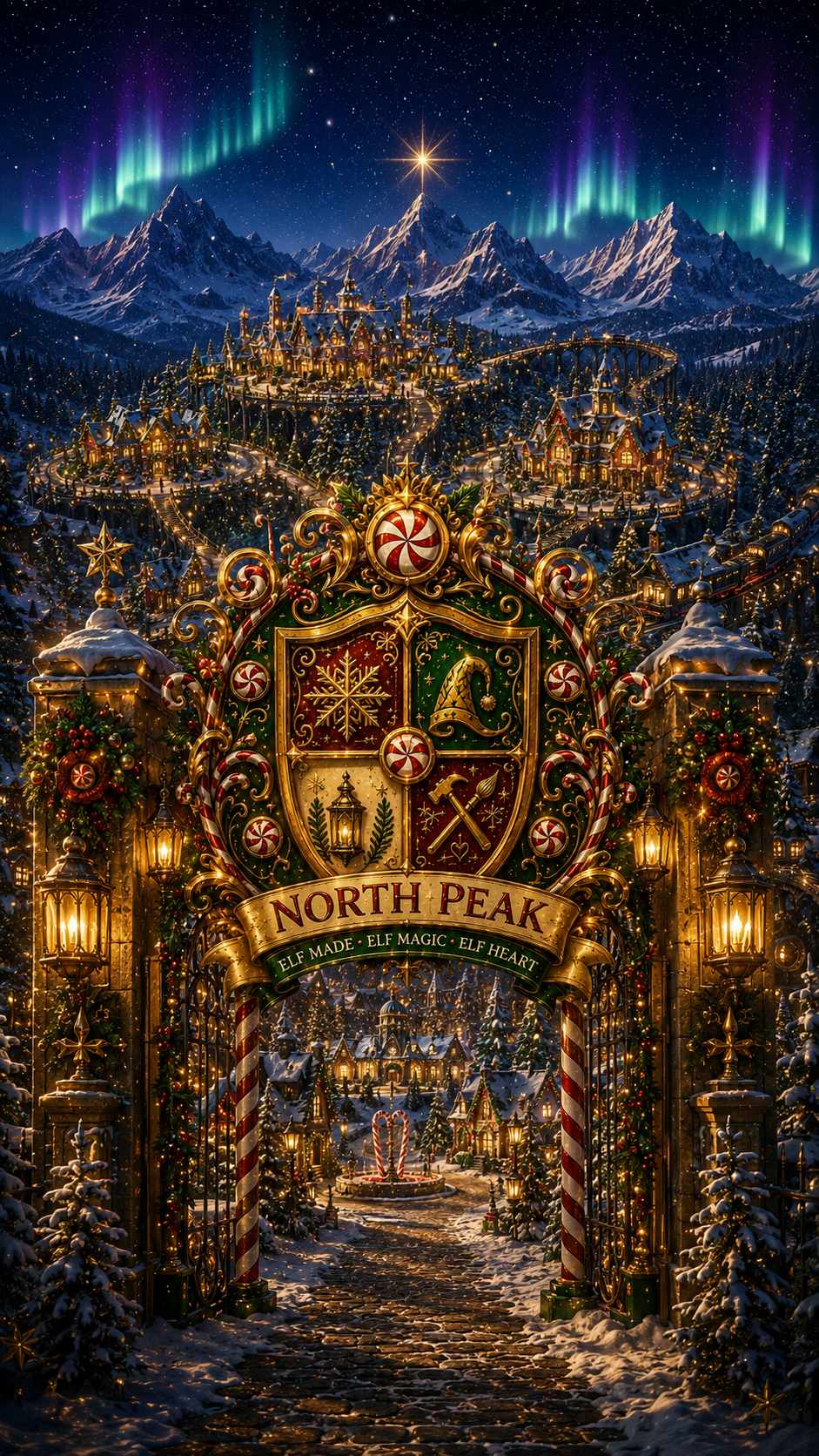 Magical winter scene at North Peak theme park with festive decorations, snow-covered buildings, illuminated pathways, and the Northern Lights in the sky.