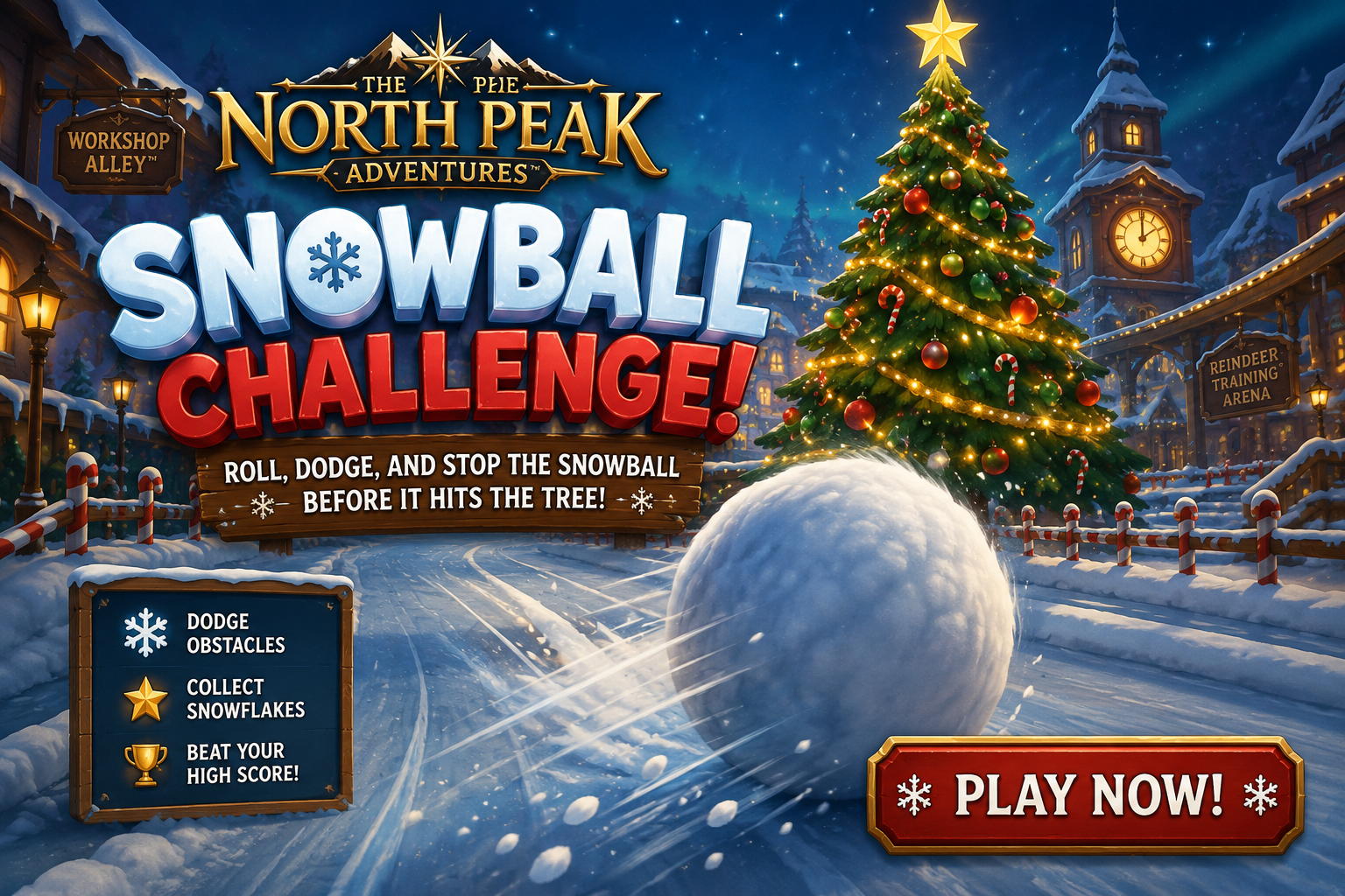 An image of a snowball rolling down a snowy hill in North Peaks, There are buildings, workshops, Christmas Tree's among other items. It includes text to play a game.