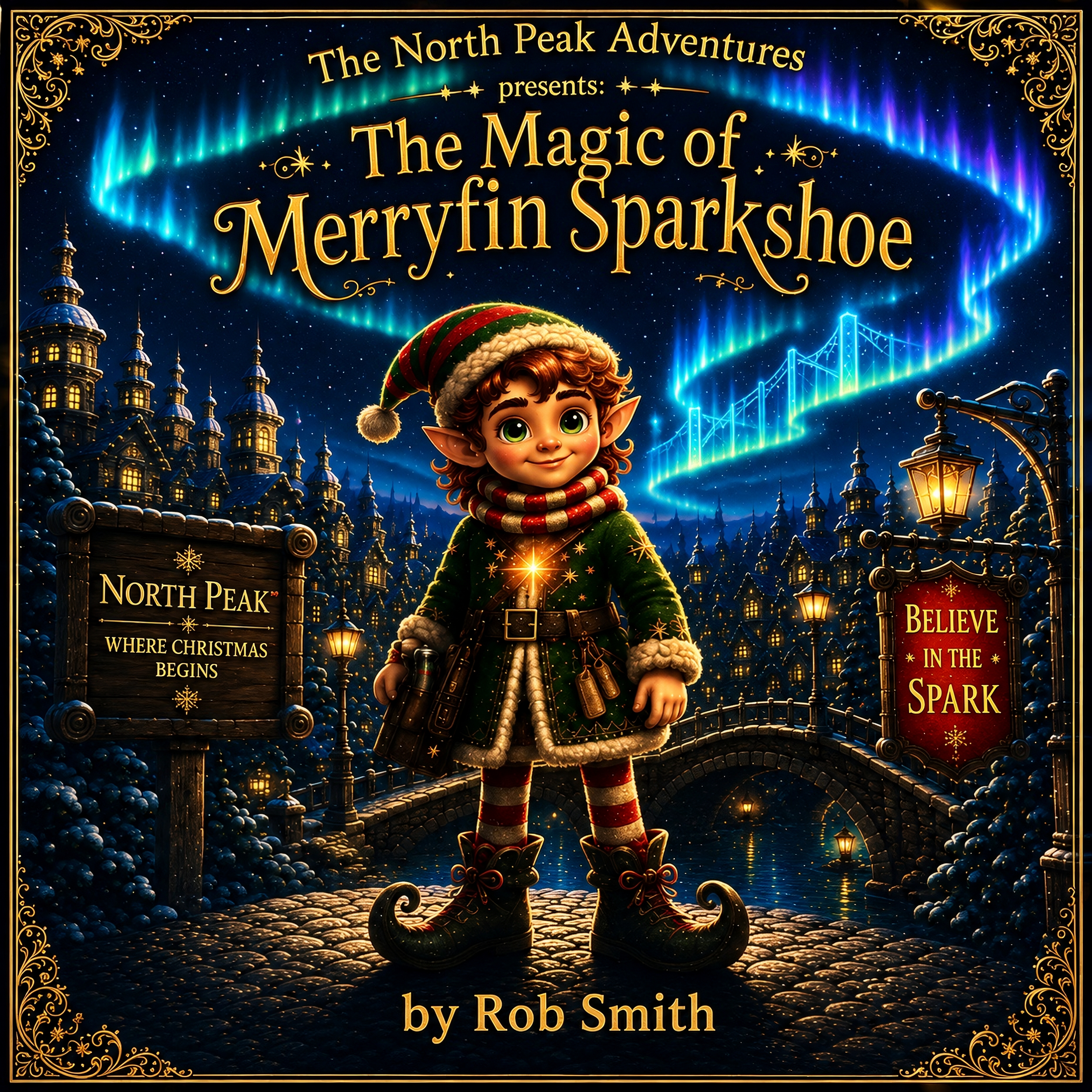 Book cover for "The Magic of Merylin Sparkshoe" showing a festive winter scene with an elf girl in holiday attire, snow-covered rooftops, a bright star, and northern lights in the sky.