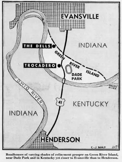 Map showing Henderson, Evansville, and major gamble establishments ,The Dells and Trocadero in Rob Smith's article about Henderson Ky. Little Chicago era.
