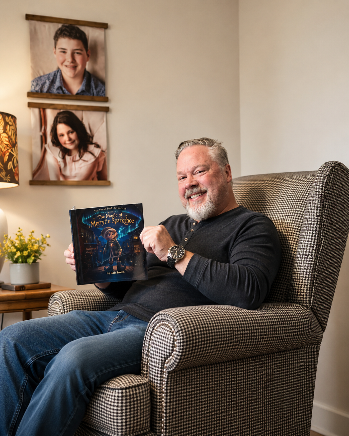 Rob Smith, author, songwriter, storyteller, and photographer, holding The Adventures of Merryfin Sparkshoe on the official author page.
