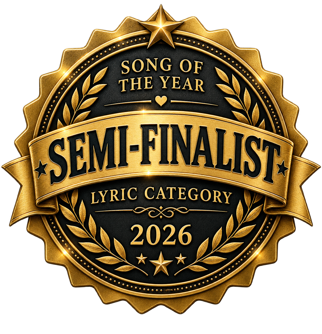 Gold and black badge with laurel wreath, star at the top, and text reading 'Song of the Year Semi-Finalist Lyric Category 2026'.