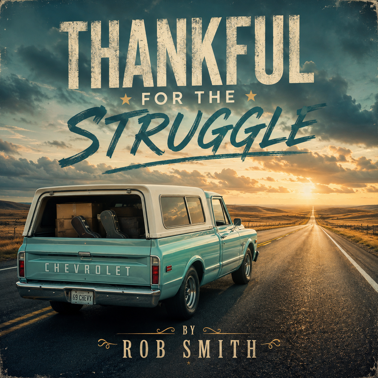 Cover of a book titled "Thankful for the Struggle" by Rob Smith. Features a vintage light blue Chevrolet truck on an open road during sunset with a dramatic sky.