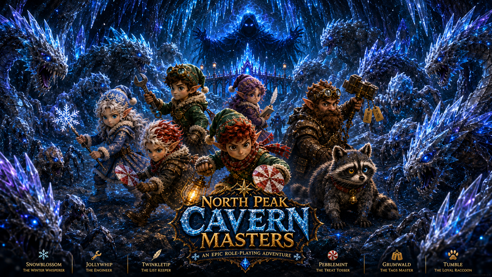 Fantasy scene featuring elf characters in winter attire with glowing weapons and gadgets, surrounded by icy monsters and a dark figure with outstretched arms in the background. The scene promotes the game 'North Peak Cavern Masters'.