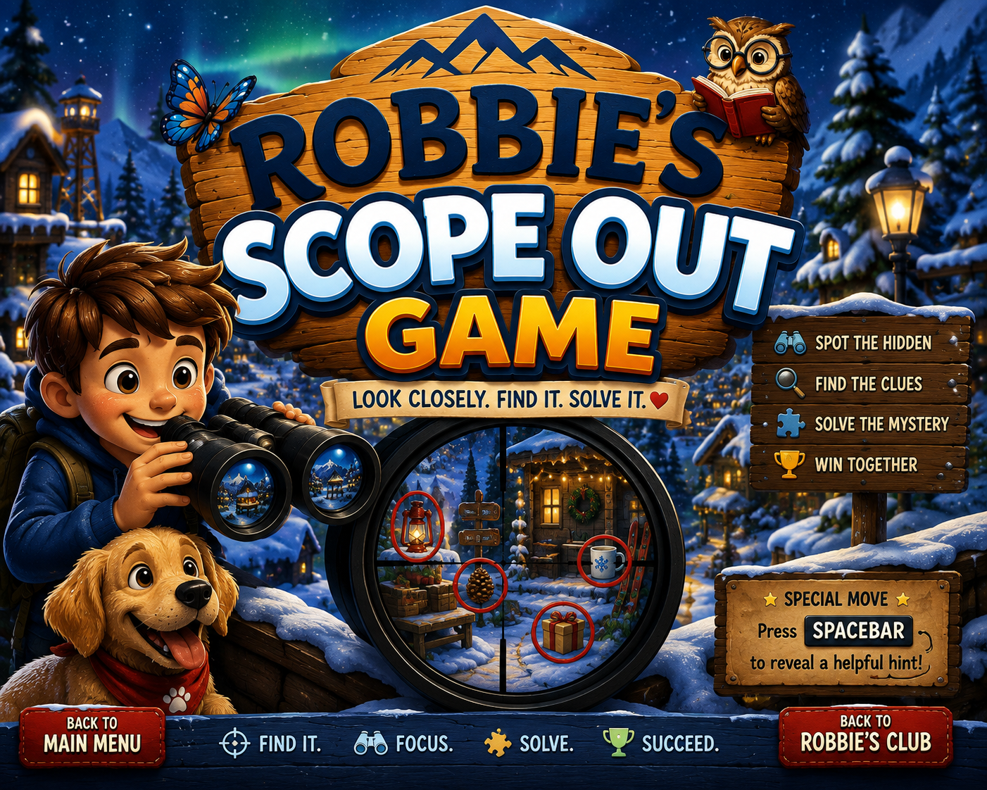 A colorful game screen titled 'Robbie's Scope Out Game' set in a snowy winter scene with trees and houses. It features a young boy with binoculars, a cheerful dog, and an owl wearing glasses holding a book. Instructions to look closely, find, and solve are displayed, along with a menu for game options including find clues, solve mystery, and win together. A signboard shows game buttons for finding, focusing, solving, and succeeding, with a hint button. The scene is decorated with lanterns, a gift box, and a pine cone.