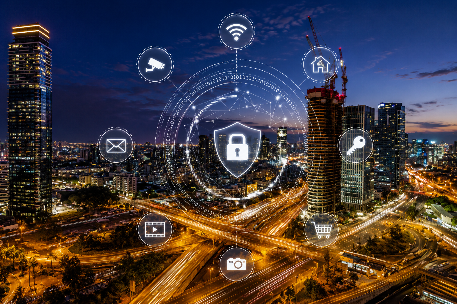 City skyline at dusk with digital icons representing security, Wi-Fi, home, keys, shopping cart, camera, video, email, and surveillance overlaid.
