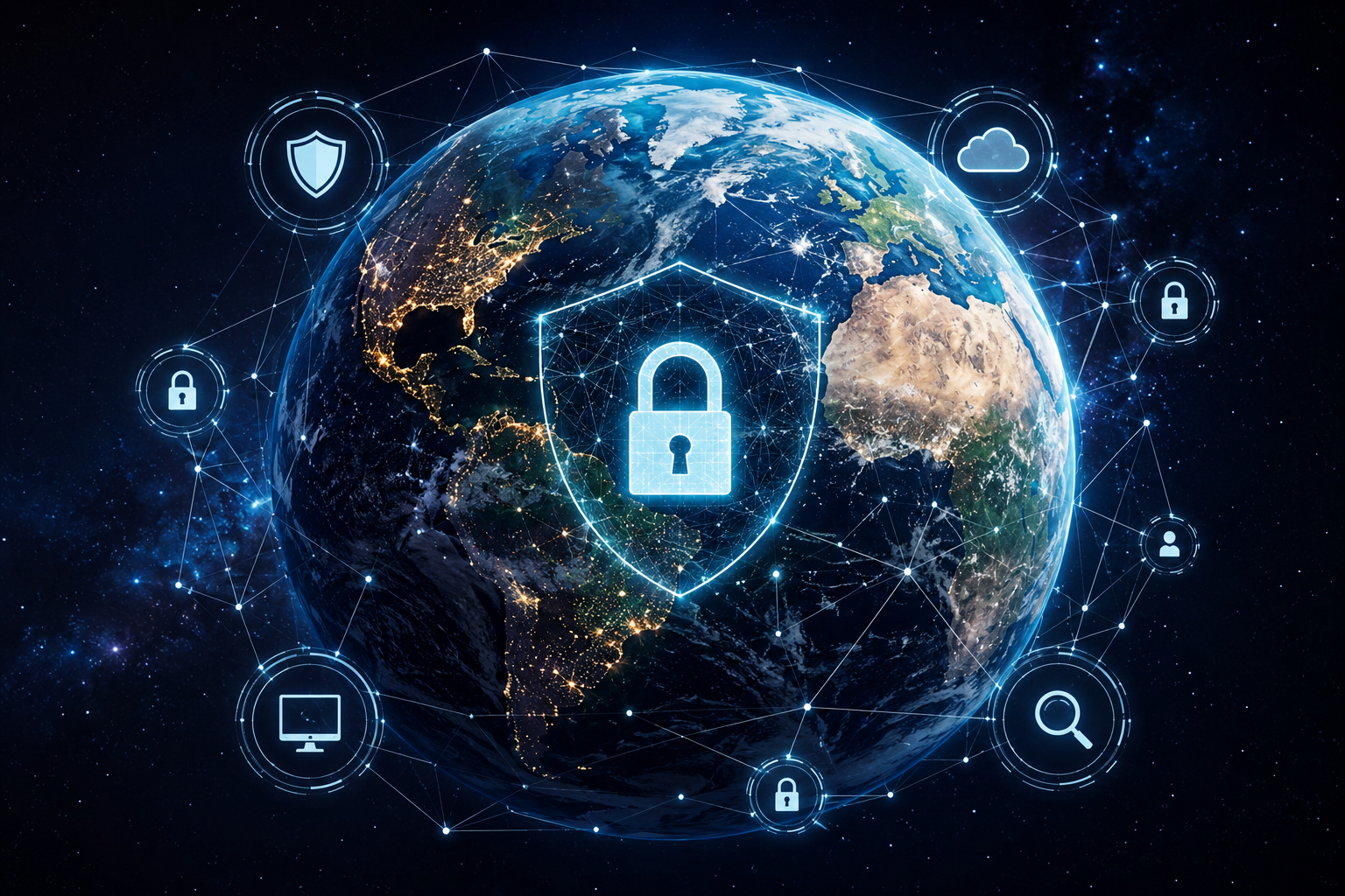Digital globe with security icons such as padlocks, shield, cloud, person, computer, and magnifying glass connected by lines, symbolizing global cybersecurity and data protection.