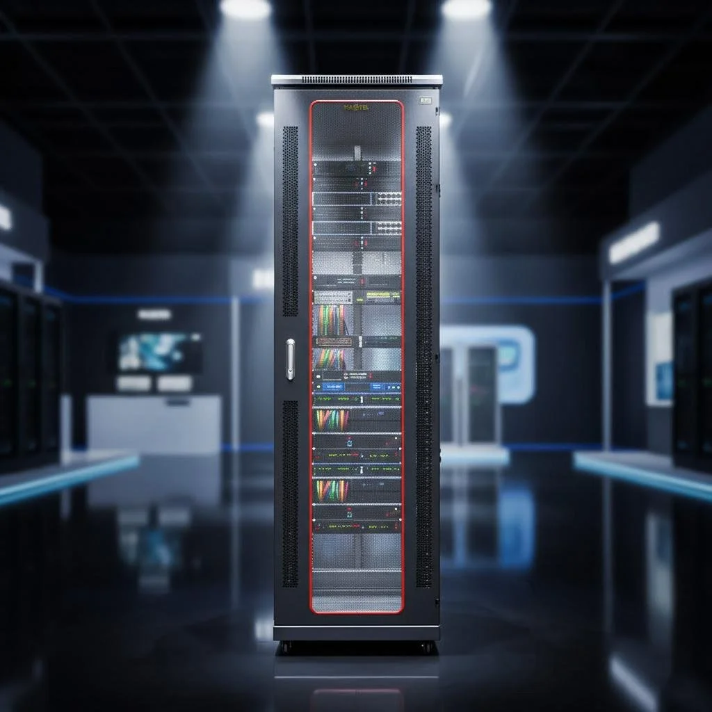 A black server rack with a red outline, filled with various cables, switches, and electronic equipment, in a data center with blue and gray walls and dim lighting.