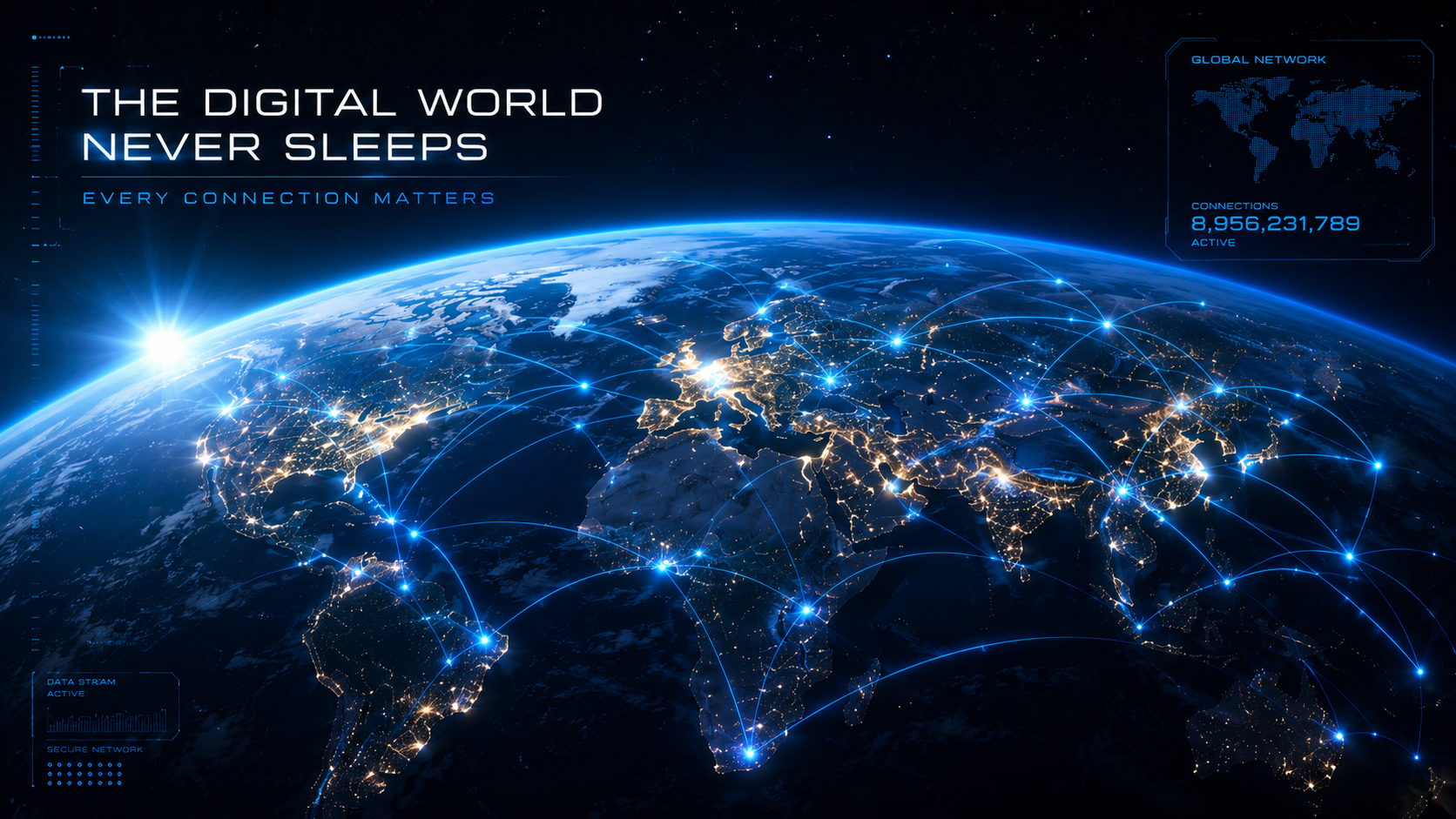 A digital rendering of Earth at night showing illuminated cities connected by blue lines, representing a global digital network with the text 'The Digital World Never Sleeps' and data connection statistics.