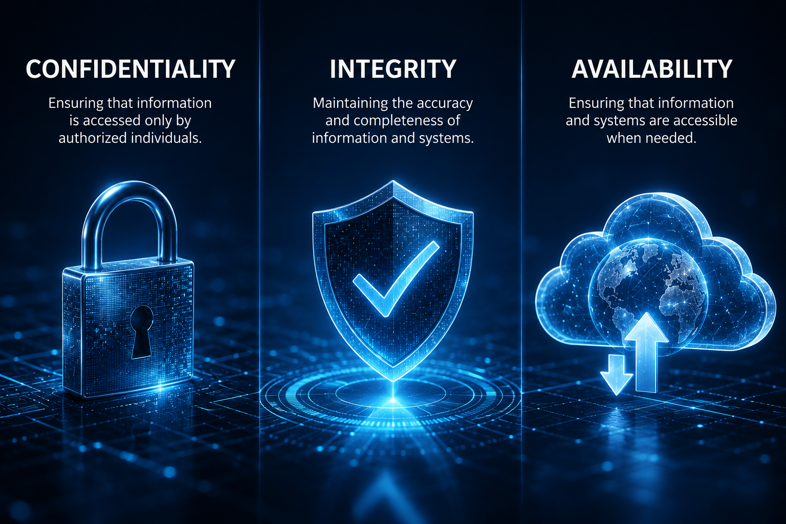 Digital graphic with three sections: a lock symbol representing confidentiality, a shield with a checkmark representing integrity, and a cloud with a globe and arrows representing availability.
