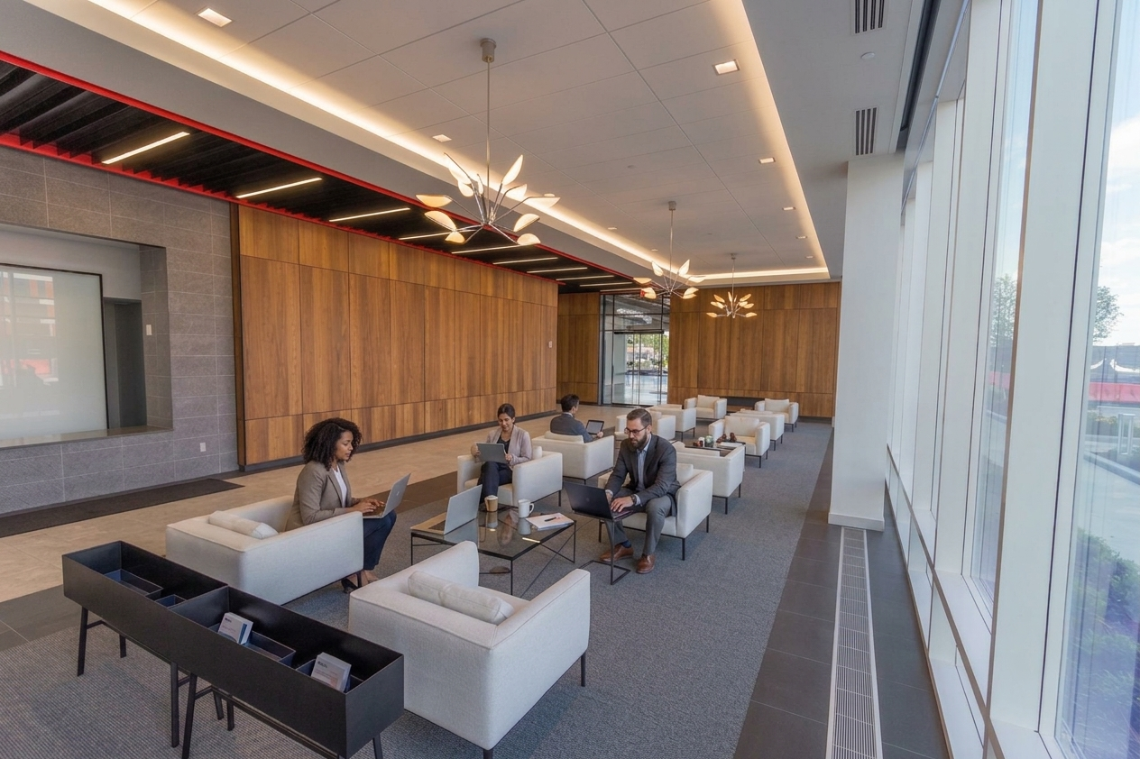 Modern office lounge with white armchairs, wooden wall panels, and large windows letting in natural light. Four people are working on laptops and tablets.