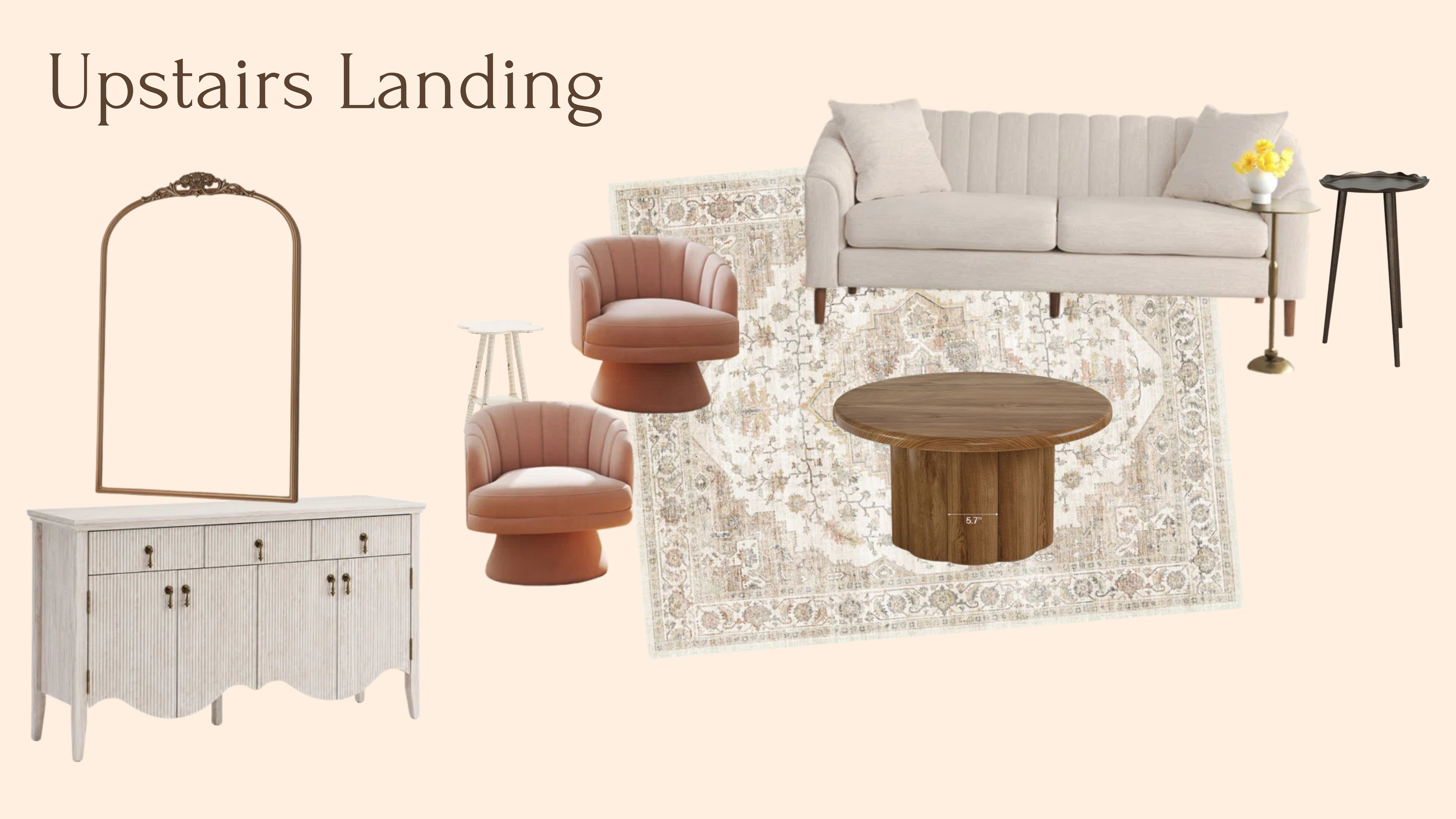 Collection of modern furniture including a white sideboard, two pink velvet chairs, a white sofa, a round wooden coffee table, a patterned area rug, a small side table with yellow flowers, and a black side table, arranged on a beige background.