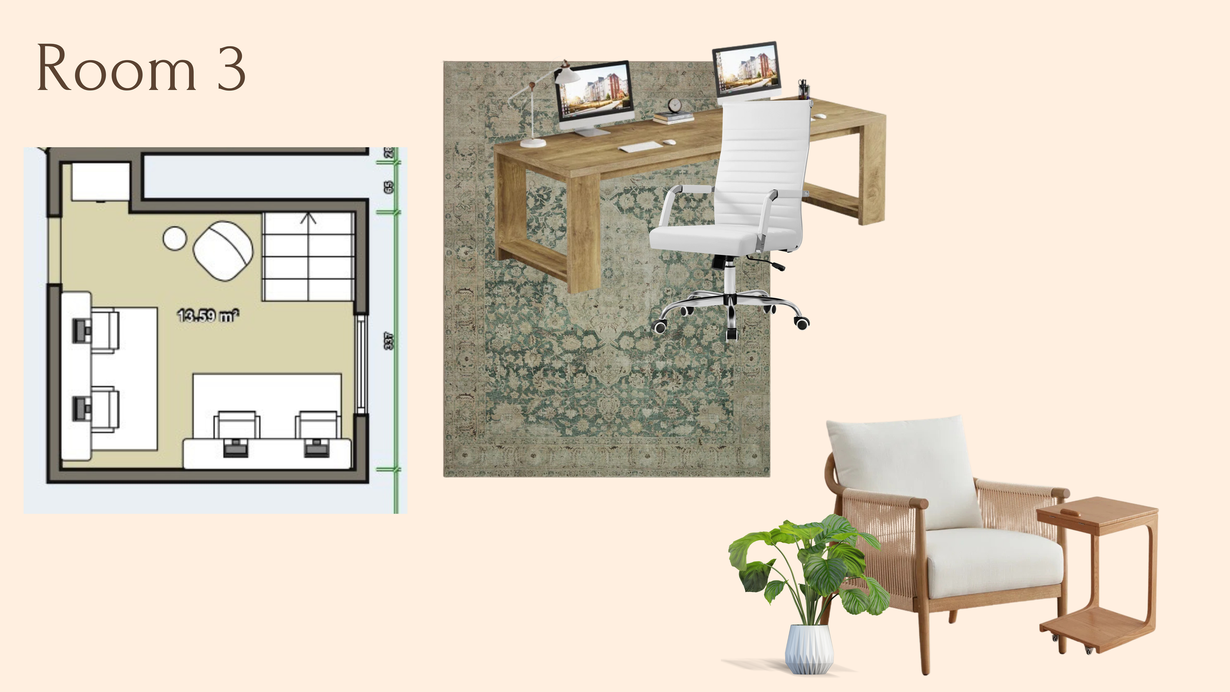 Interior design elements for Room 3, including a floor plan, two computer desks, a white office chair, a patterned rug, a lounge chair with a small side table, and a potted plant.
