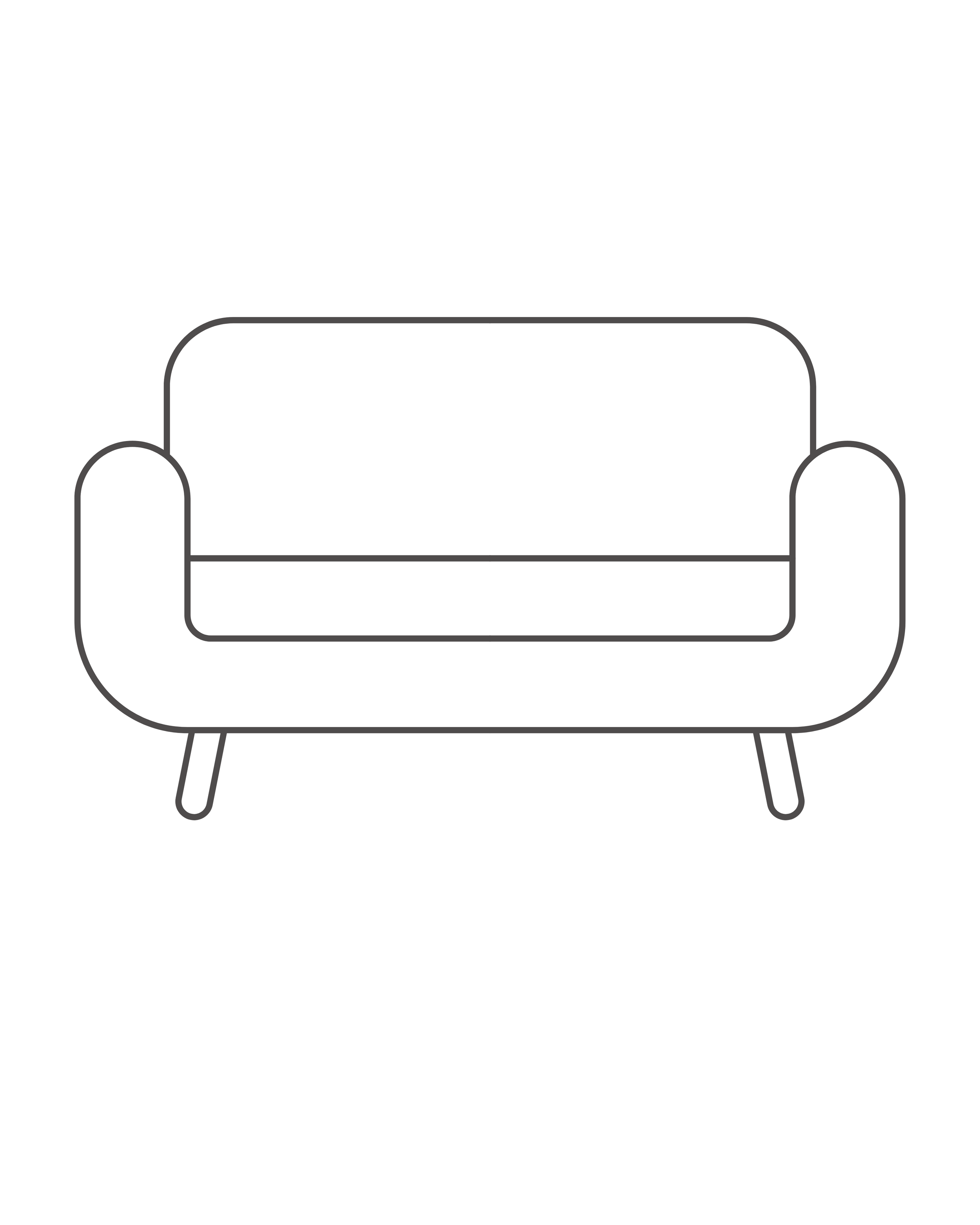 Line drawing of a sofa with rounded armrests and tapered legs.