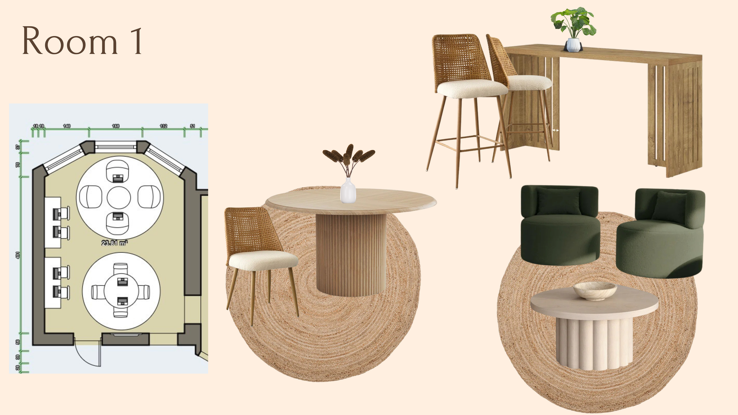 Interior room design with wooden and woven furniture, small round tables, two beige chairs with cane backs, a green cushioned chair, and a wooden sideboard with a potted plant. Floor plans and measurements are visible in the corner.