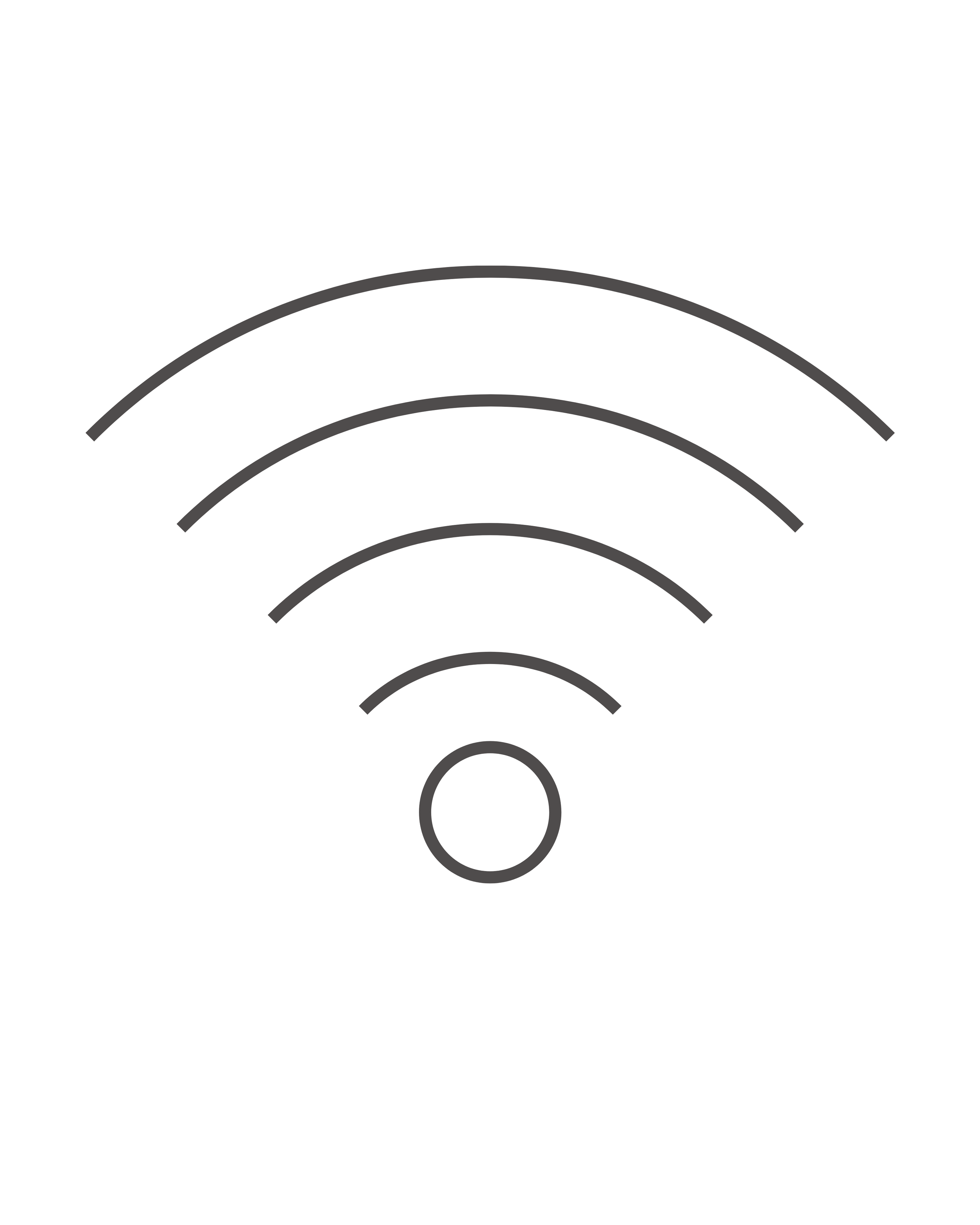 A black-and-white digital illustration of a Wi-Fi signal icon with curved lines radiating outward from a small circle at the bottom.