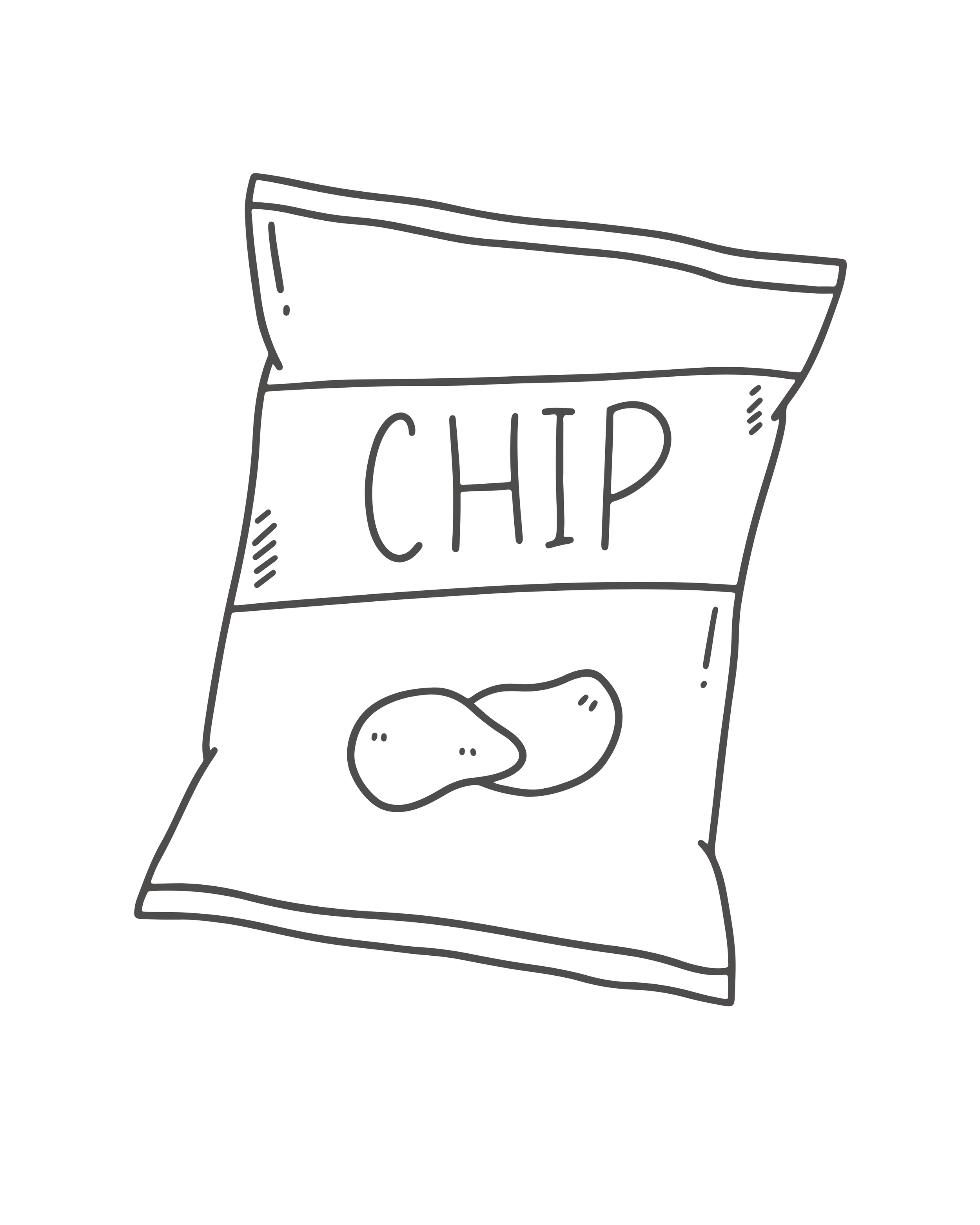 Simple line drawing of a bag of potato chips with the word "CHIP" on the front and with a few chips illustrated inside.