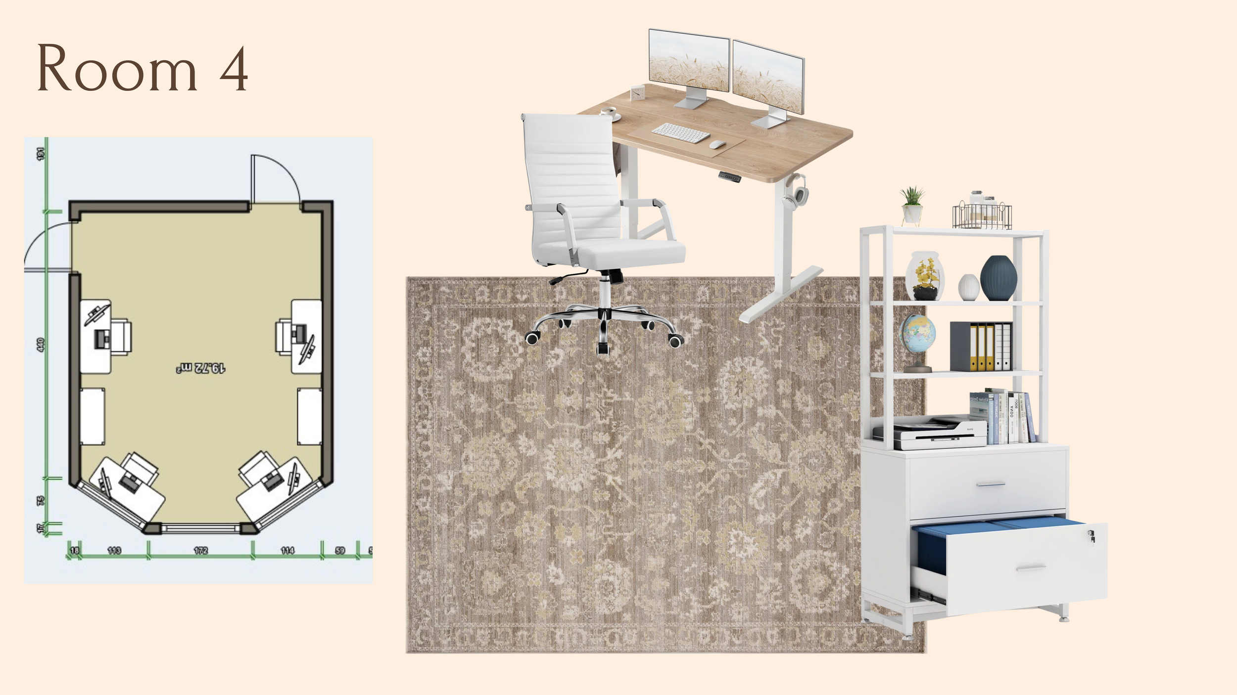 A modern workspace with a wooden desk, dual monitors, white office chair, beige patterned rug, white bookshelf with decorative items and books, and a floor plan of Room 4 in the background.