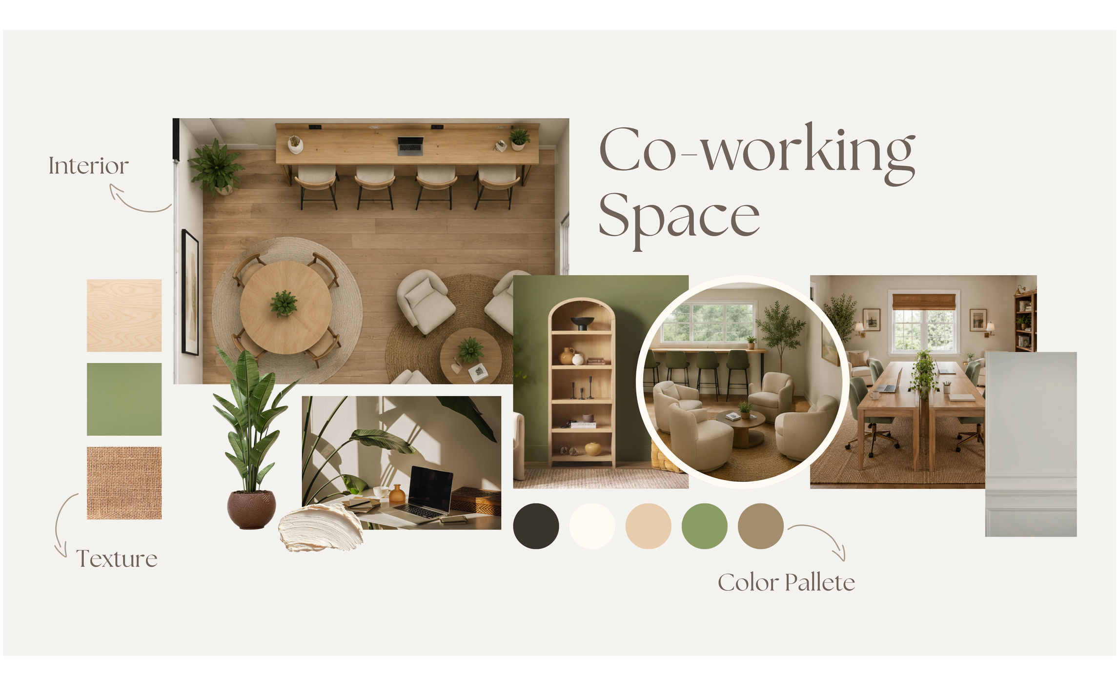 Floor plan of a co-working space with labeled interior, texture, and color palette sections, including images of furniture, plants, and decor.