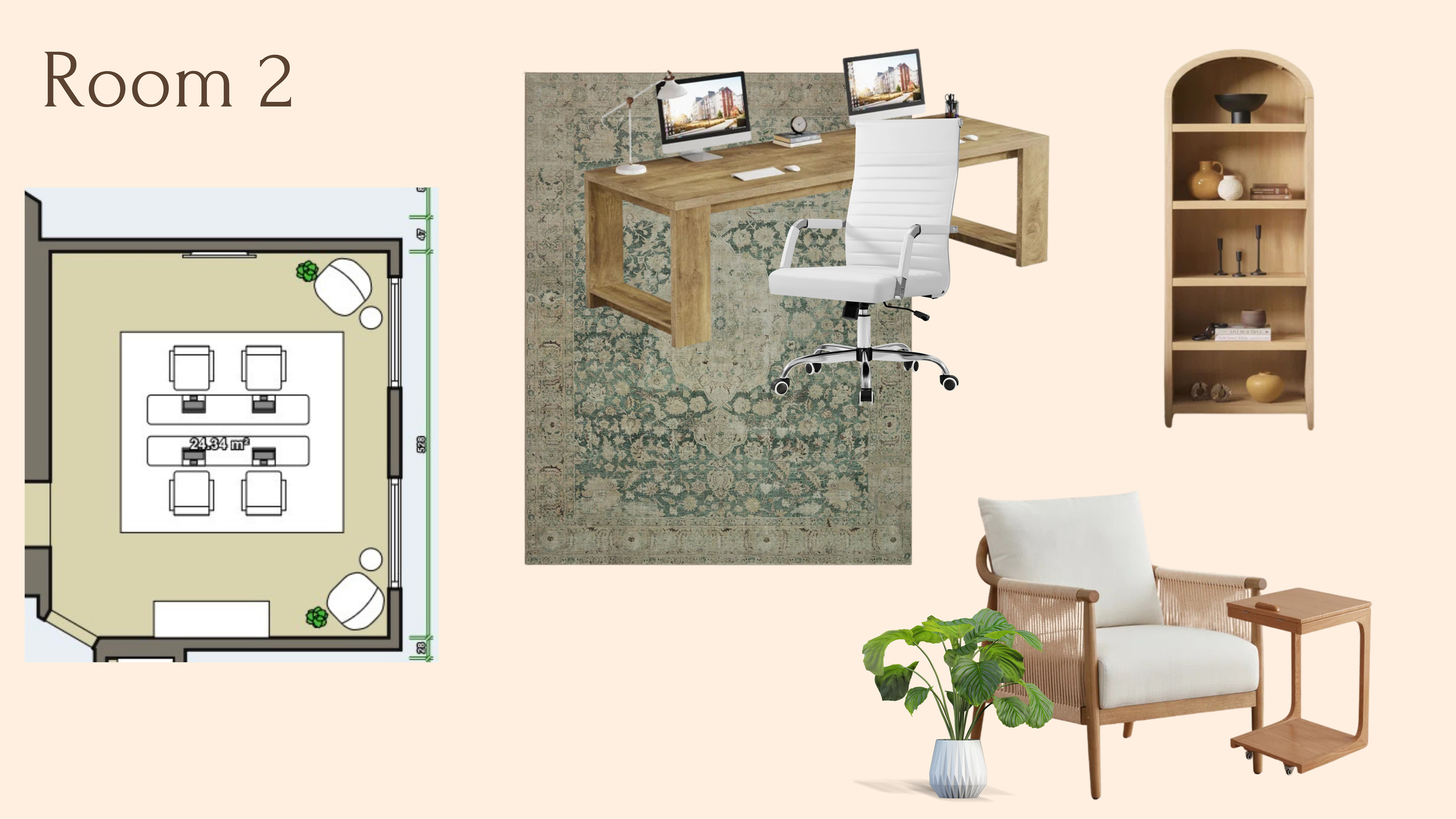 A collage including a floor plan labeled 'Room 2', a workspace with a wooden desk, white office chair, two computer monitors, desk lamp, and decorative rug; a beige shelf with decorative objects; and a cozy seating area with a white armchair, wooden side table, and potted plant.