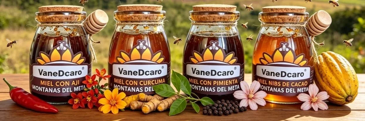 Cuatro frascos de miel con ingredientes naturales, acompañados de flores, una guindilla, jengibre, pimienta y cacao en un fondo de campo