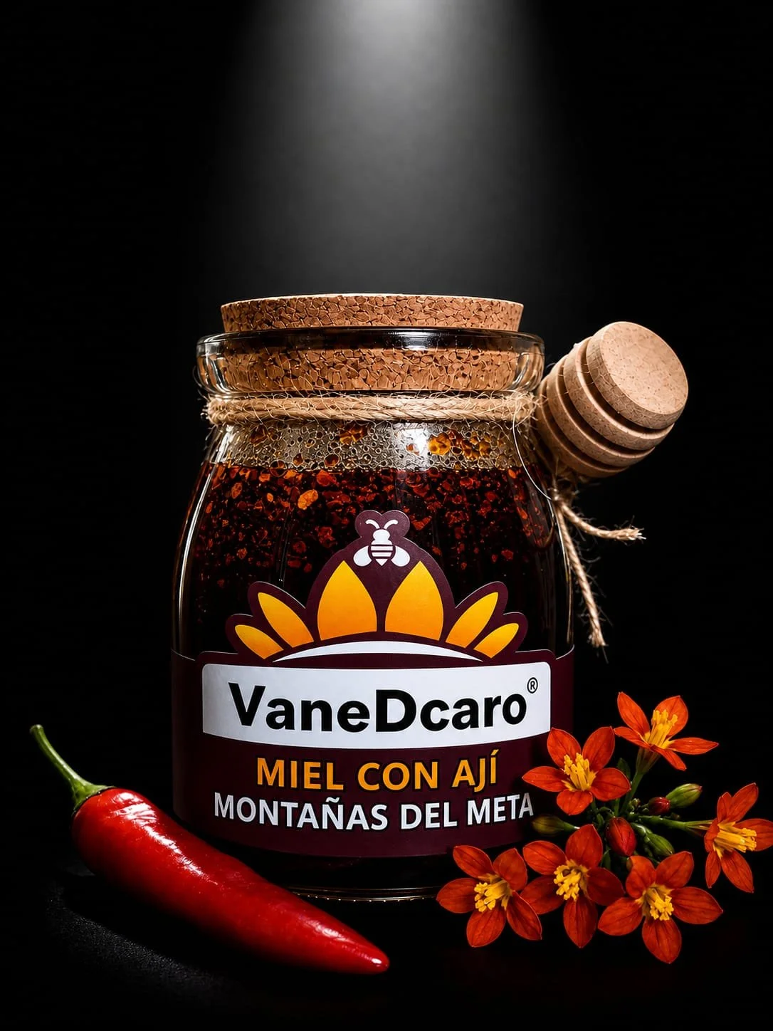 Un frasco de miel con cajI, acompañado de una flor y un chile rojo en un fondo negro.